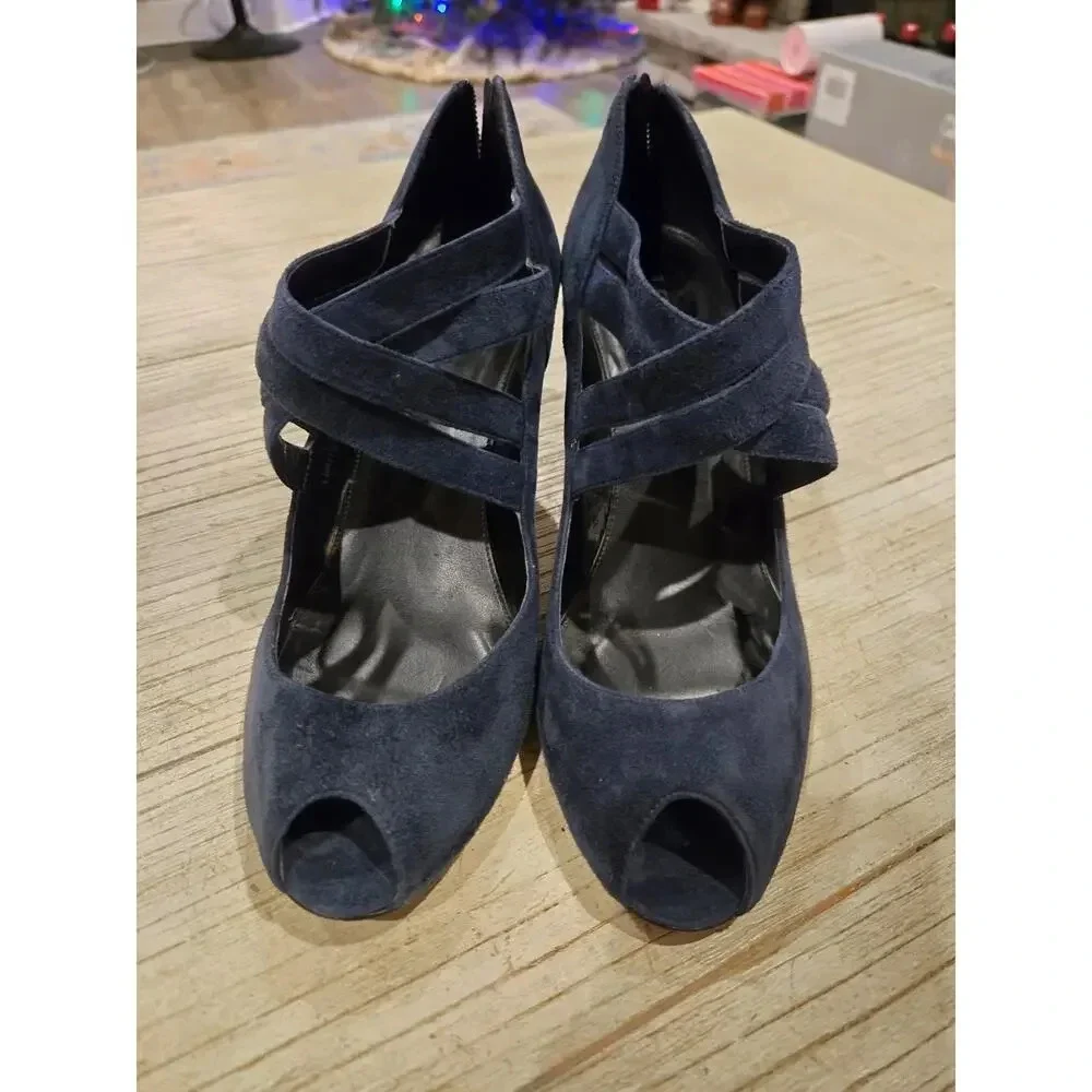 J. Crew Women's Strappy Suede Heels Peep Toe Blue Size 9.5 Made in Italy